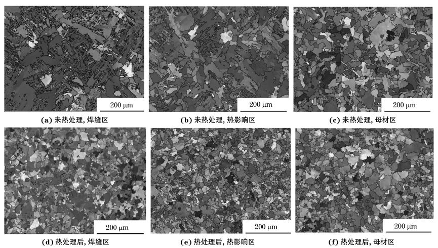 圖２ 熱處理前后焊接接頭焊縫區、熱影響區和母材區的取向成像圖