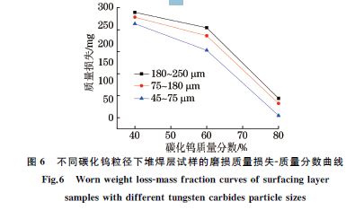 圖６ 不同碳化鎢粒徑下堆焊層試樣的磨損質量損失Ｇ質量分數曲線